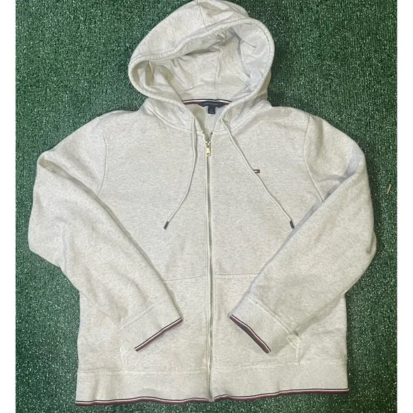 Tommy Hilfiger Jeans Crop Full Zip Hoodie Women L TG XG Grey Knit Long Sleeve - Picture 1 of 3